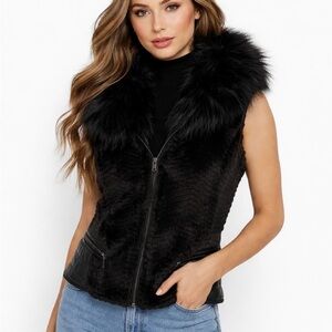 GUESS Black Faux Fur Vest Vegan Leather Trim Zip Front Women’s Medium Moto Glam